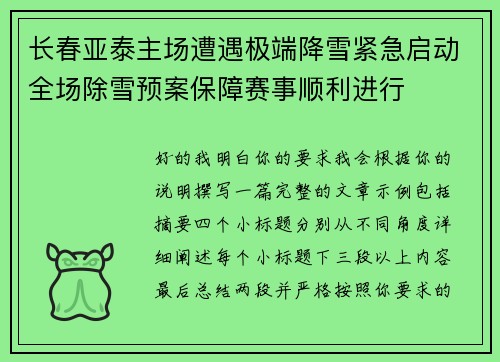 长春亚泰主场遭遇极端降雪紧急启动全场除雪预案保障赛事顺利进行
